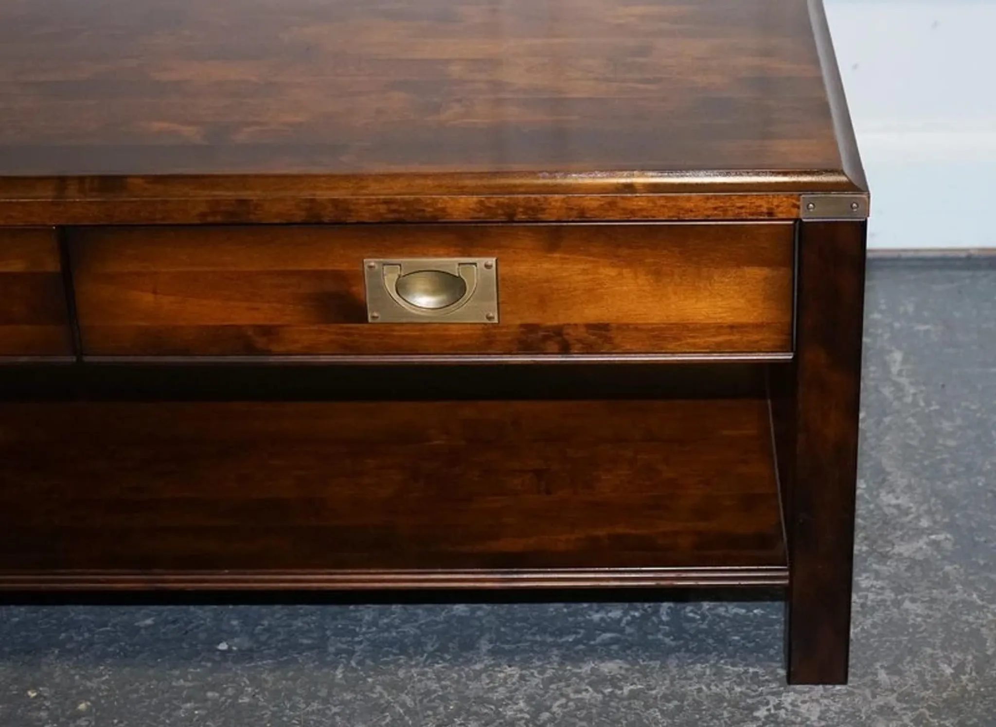Vintage Military Campaign Coffee Table in Brass and Hardwood with Drawers