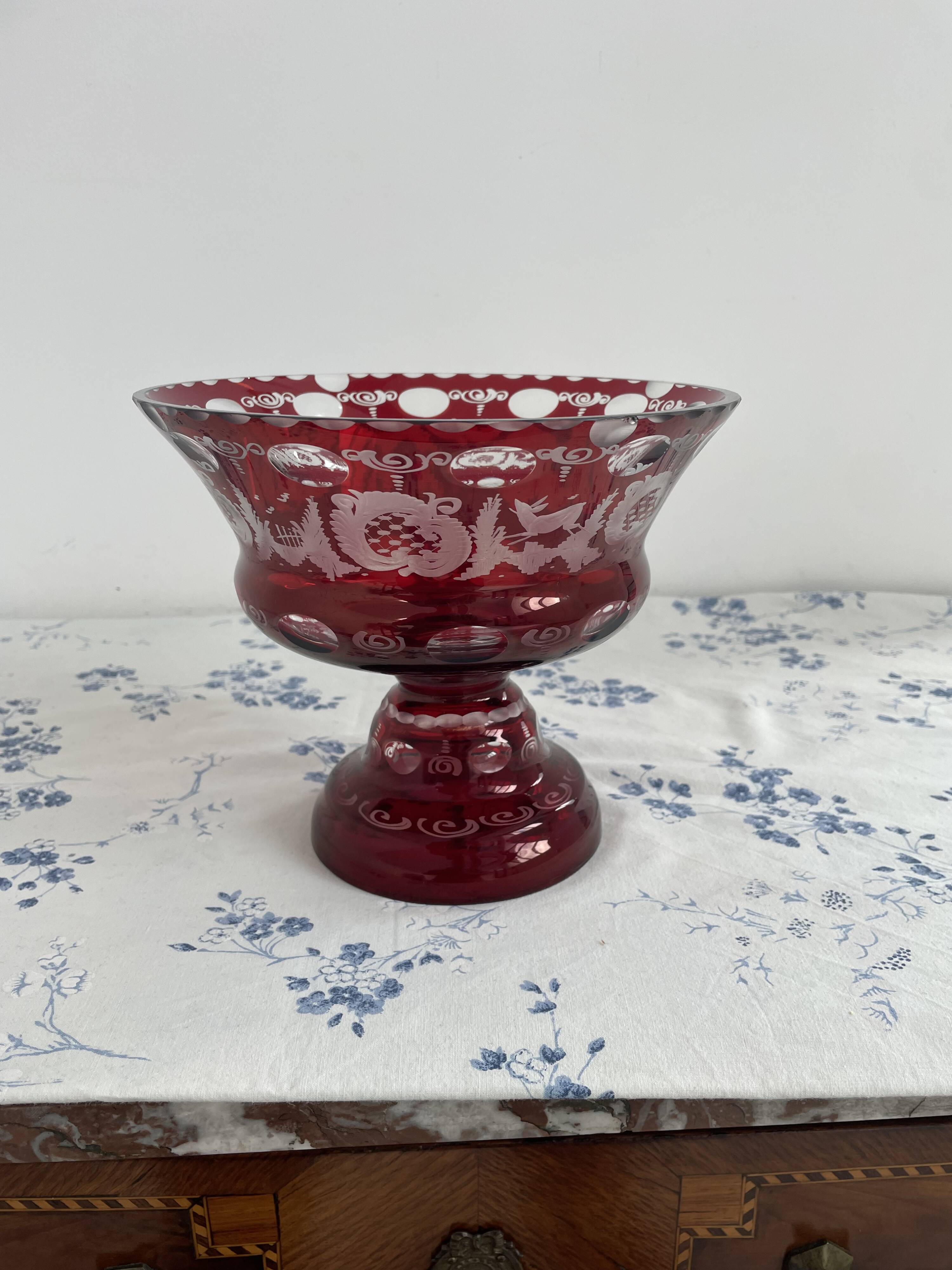Large red and white overlay glass bowl, Bohemian 20th century