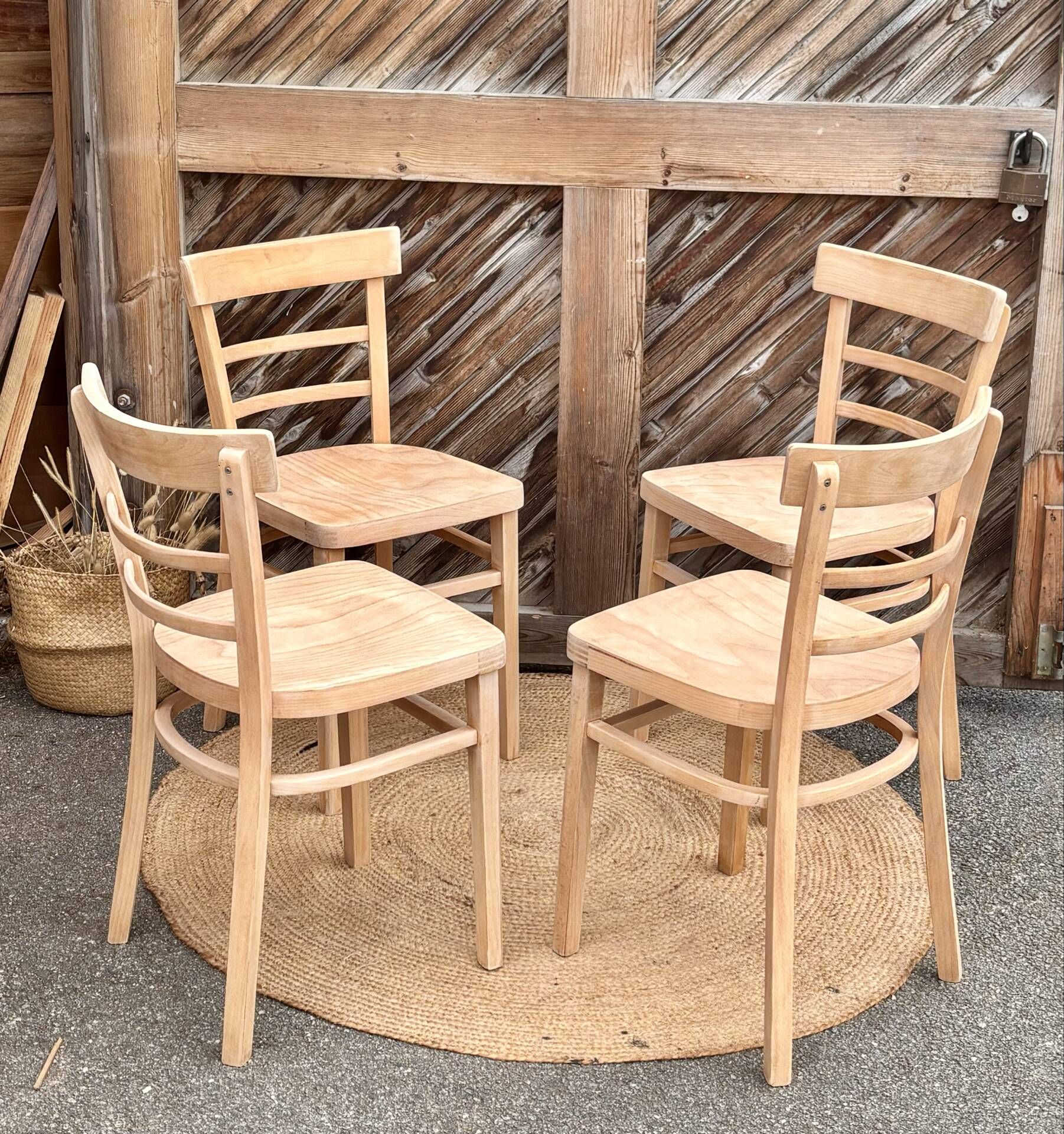 Set of 4 vintage bistro chairs in raw wood