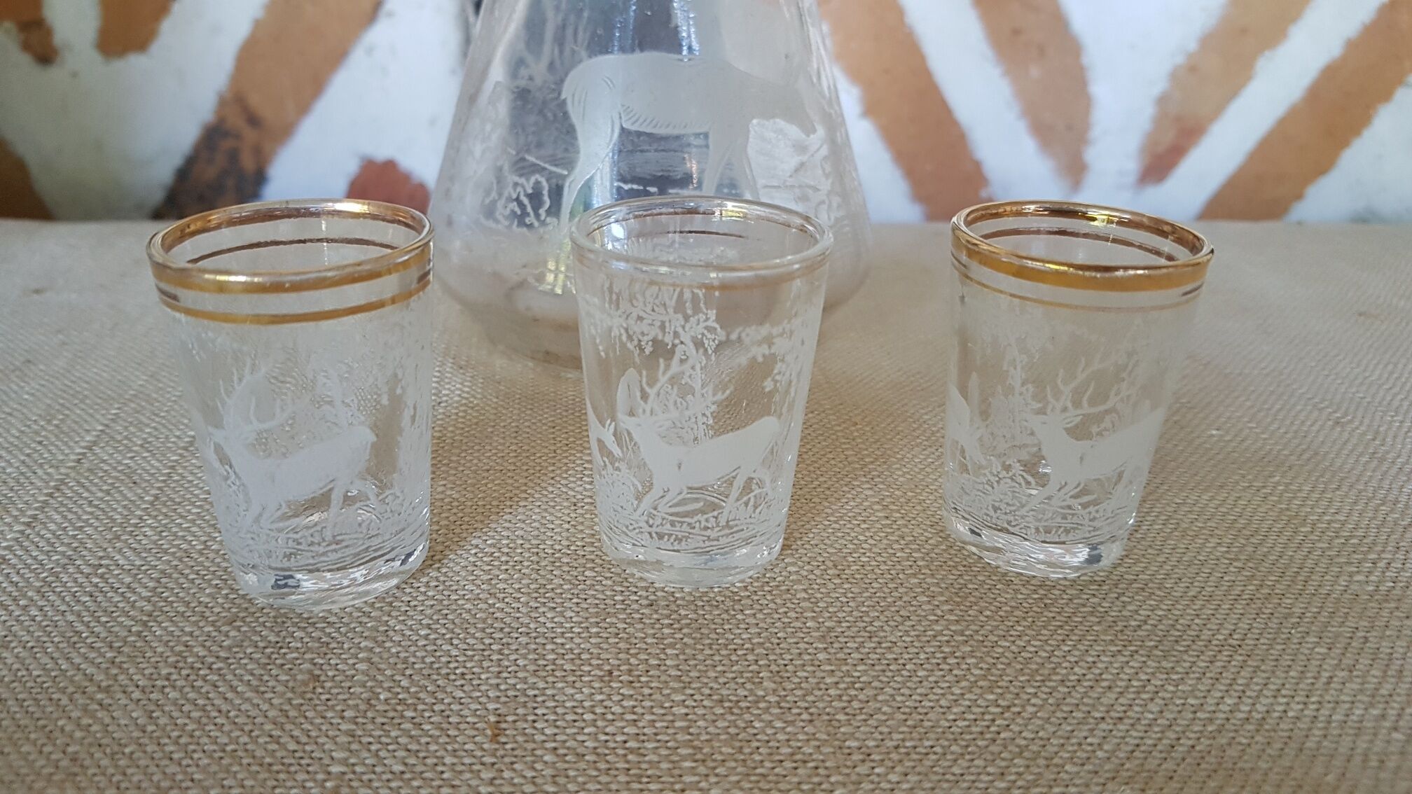 Carafe and 3 shot glasses sandblasted glass