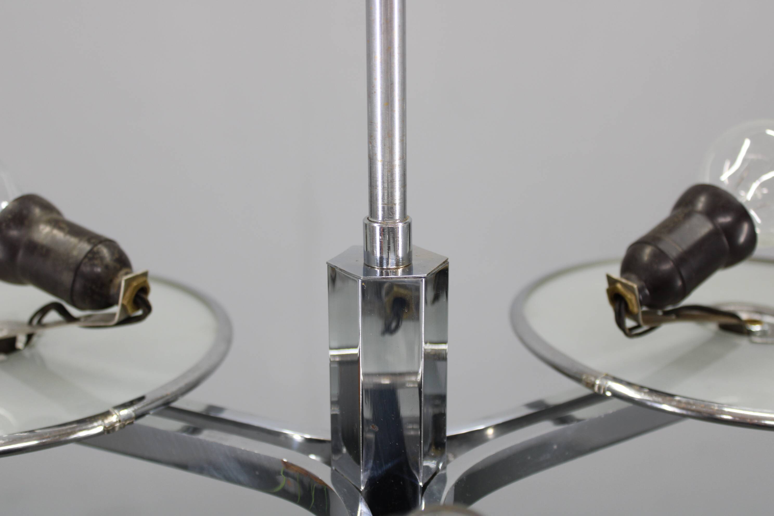 Restored Bauhaus or Art Deco chrome and glass chandelier, Czechoslovakia