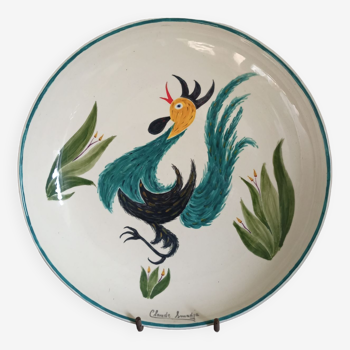 Plat en faience signe claude smadja "le coq turquoise" peint main 1996