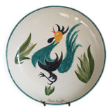 Plat en faience signe claude smadja "le coq turquoise" peint main 1996