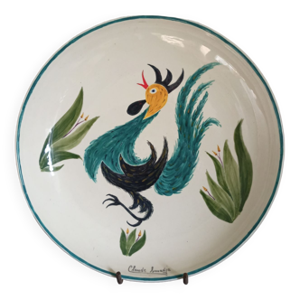 Plat en faience signe claude smadja "le coq turquoise" peint main 1996