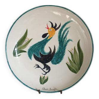 Faience dish sign claude smadja "the turquoise rooster" hand painted 1996