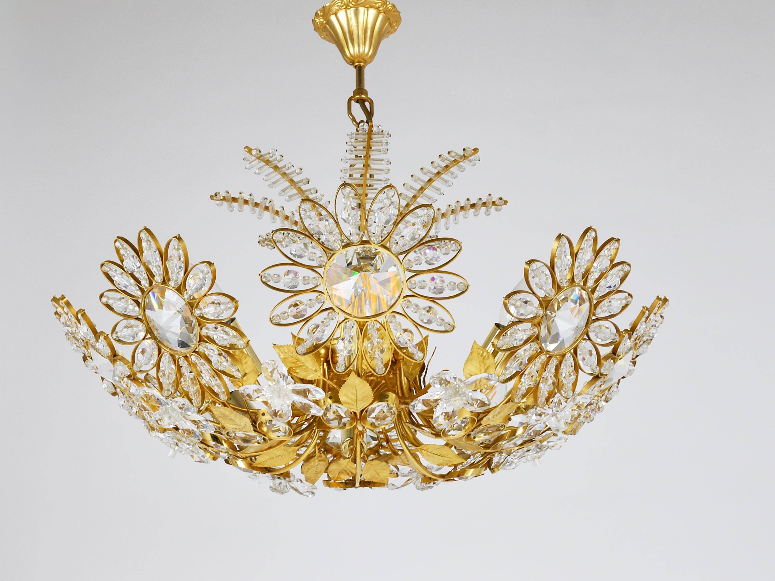 Ernst Palme Grand Chandelier Palm Tree Flower Palwa, Gilded Brass, Crystals, 1970s