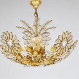 Ernst Palme Grand Chandelier Palm Tree Flower Palwa, Gilded Brass, Crystals, 1970s