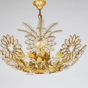 Ernst Palme Grand Chandelier Palm Tree Flower Palwa, Gilded Brass, Crystals, 1970s