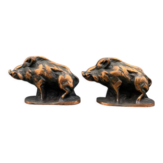 Pair of bronze bookends decorated with wild boars mid-twentieth