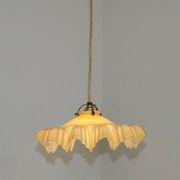 Vintage French Art Deco Yellow & White Glass Pendant Light Frilled 5495
