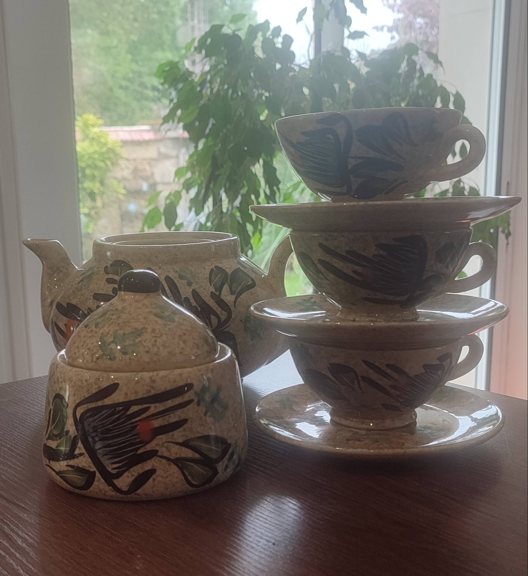 Large ceramic tea service signed Vallauris, vintage 1960.