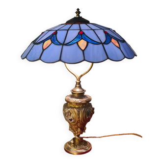 1900 solid bronze lamp inlaid with enamel glass lampshade