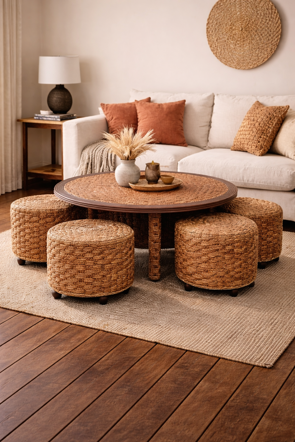 Coffee table and 4 stools in the style of Audoux & Minet.
