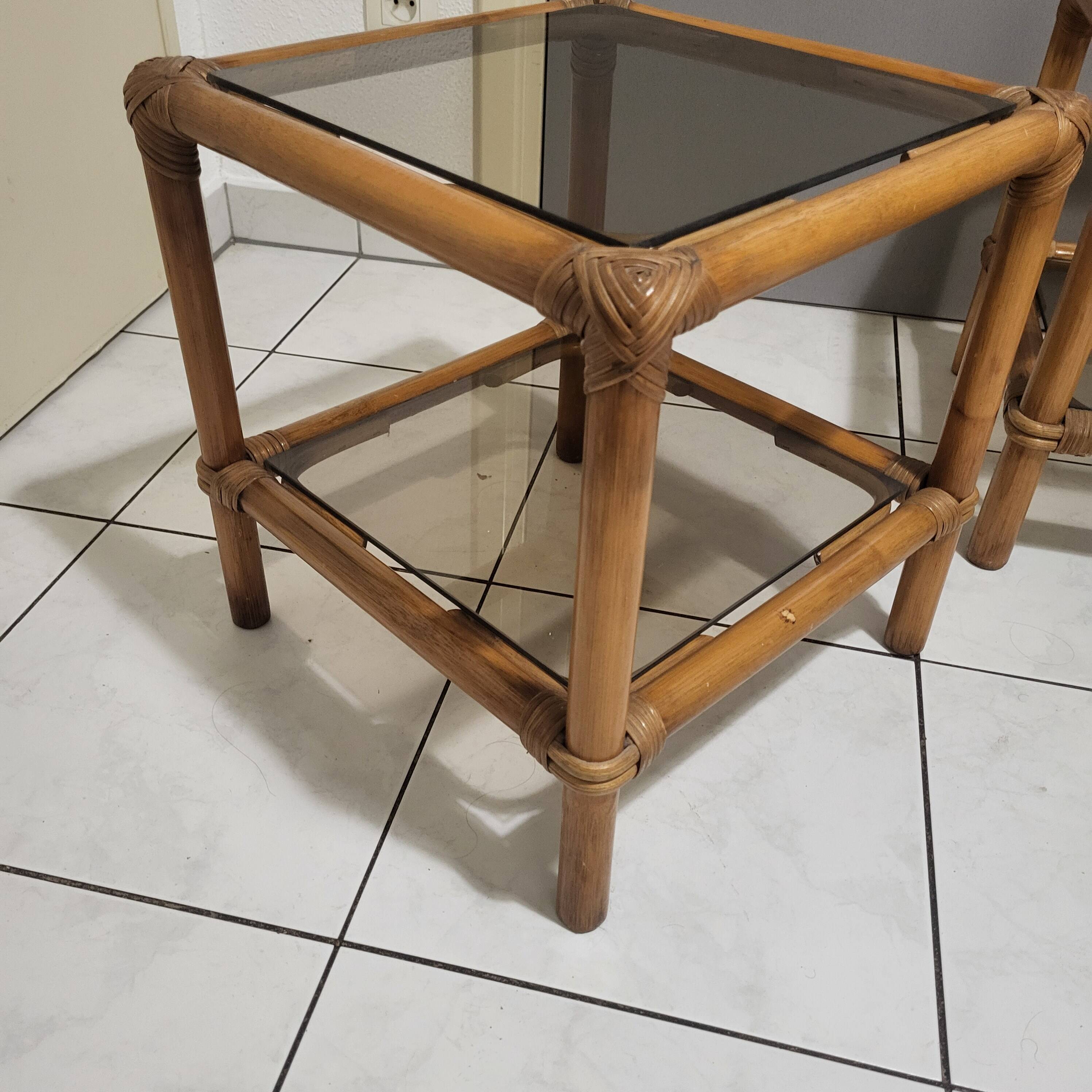 Table, side table in rattan and smoked glass from the 60s, vintage