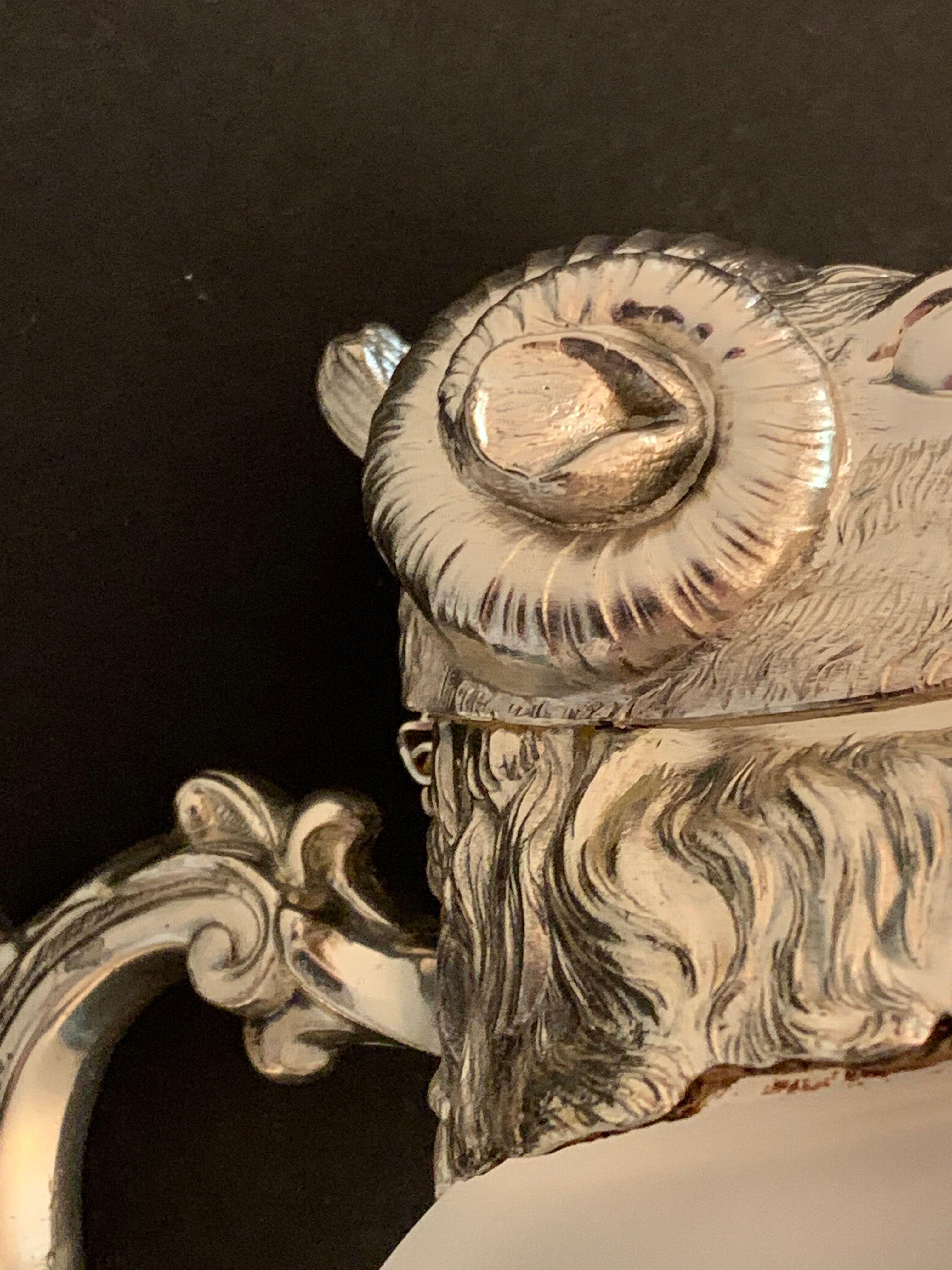 Decanting carafe or frosted glass water broc with silver metal ram head 1970