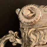 Decanting carafe or frosted glass water broc with silver metal ram head 1970