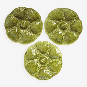 Set Of 3 French Gien Oyster Plates Classic Green Porcelain Mid Century 4681