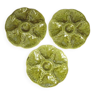 Set Of 3 French Gien Oyster Plates Classic Green Porcelain Mid Century 4681