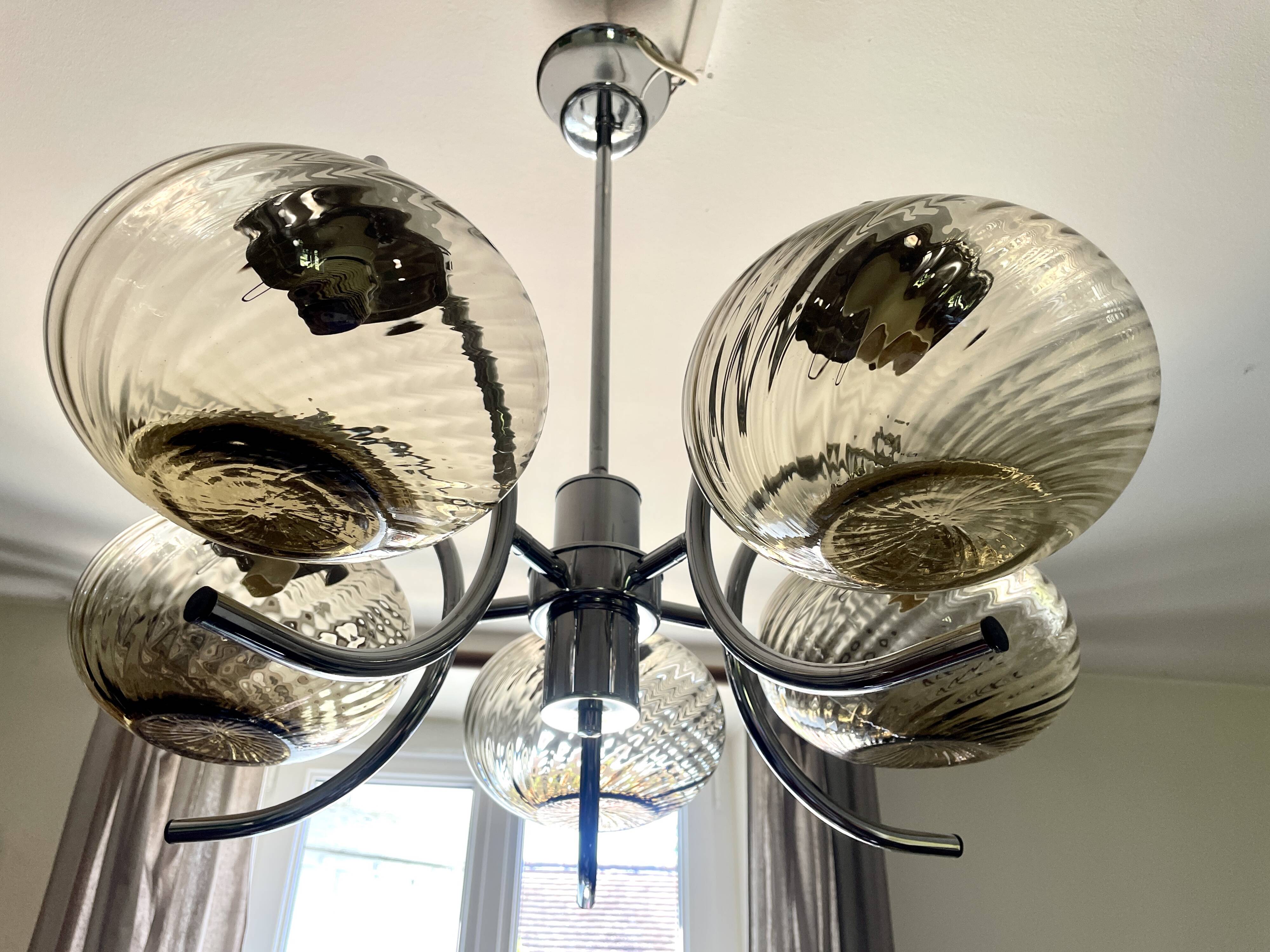 Large chrome and smoked glass chandelier 1970