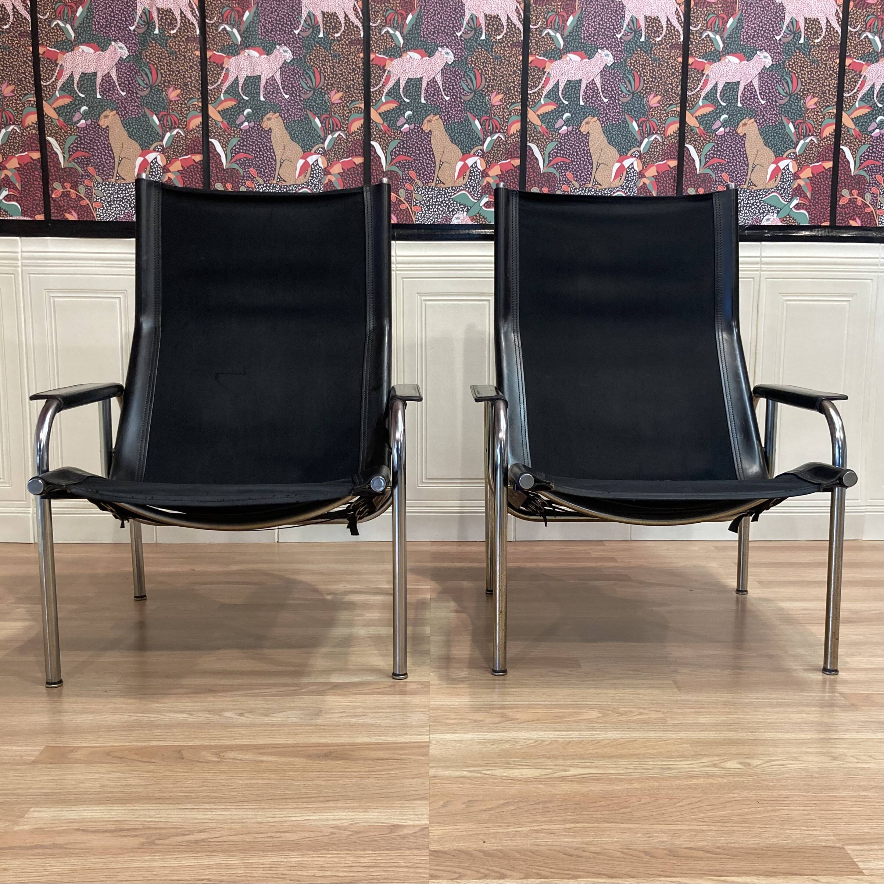 Set of 2 black leather and chrome relax armchairs "hans eichenberger" design