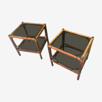 Pair rattan bedside and vintage bamboo