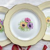 6 vintage porcelain dinner plates with white and golden yellow floral pattern L'Amandinoise "Coopélia" - Vintage floral tableware