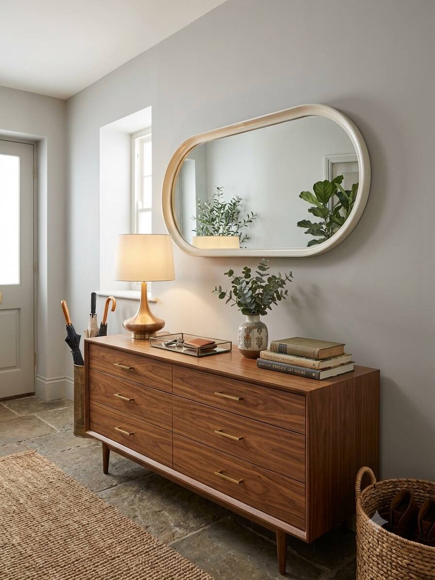 Oval mirror in white lacquer from the 1970s.