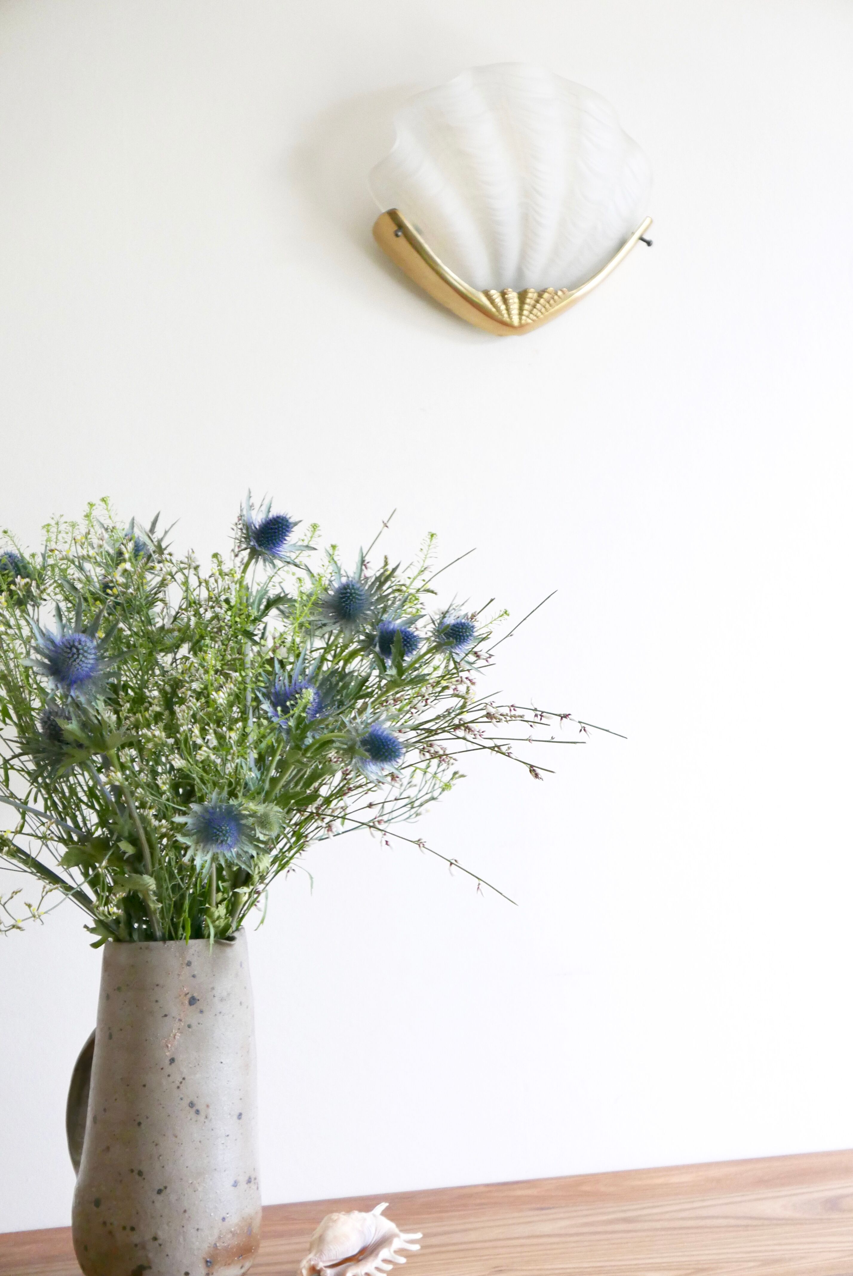 Pair of glass and brass sconces shell, 70 years