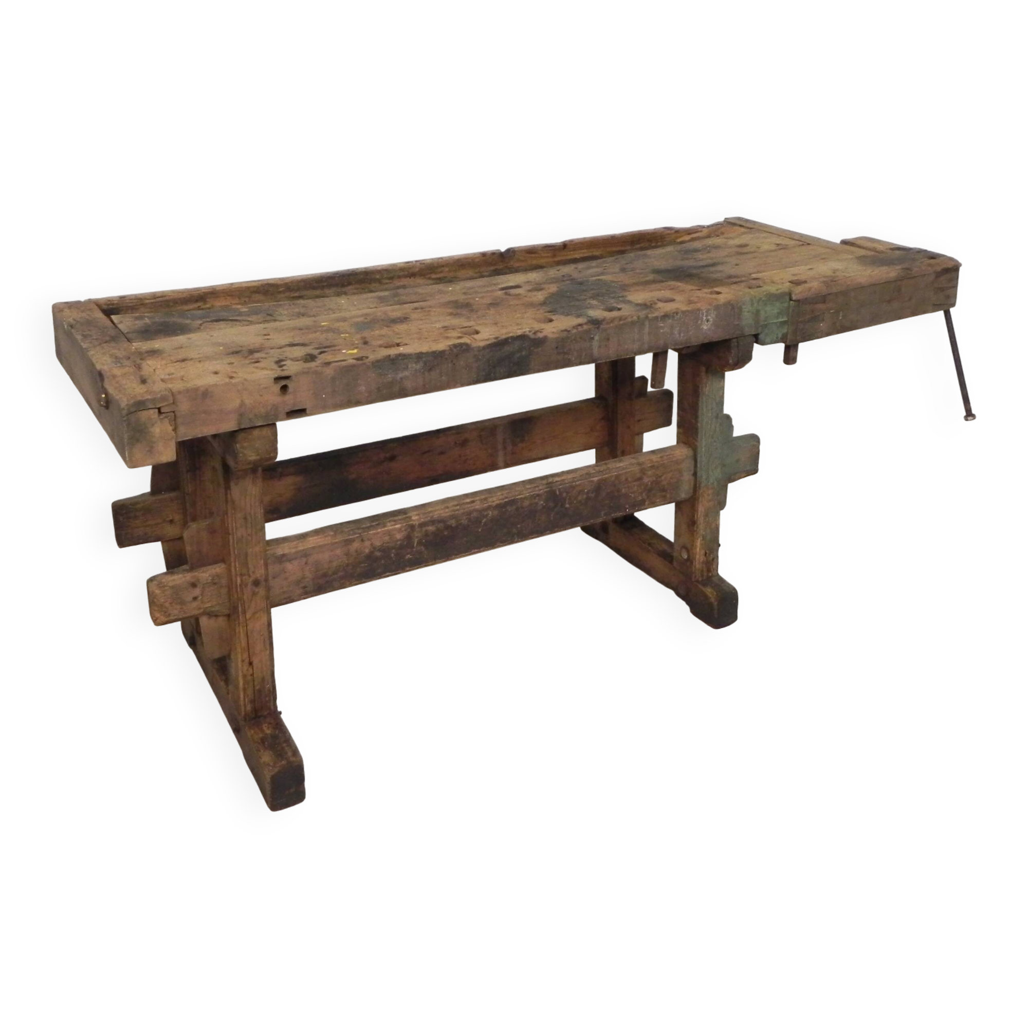 Wooden industrial workbench with vice, 194 cm long, 1930s.