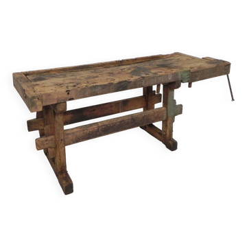 Wooden industrial workbench with vice, 194 cm long, 1930s.