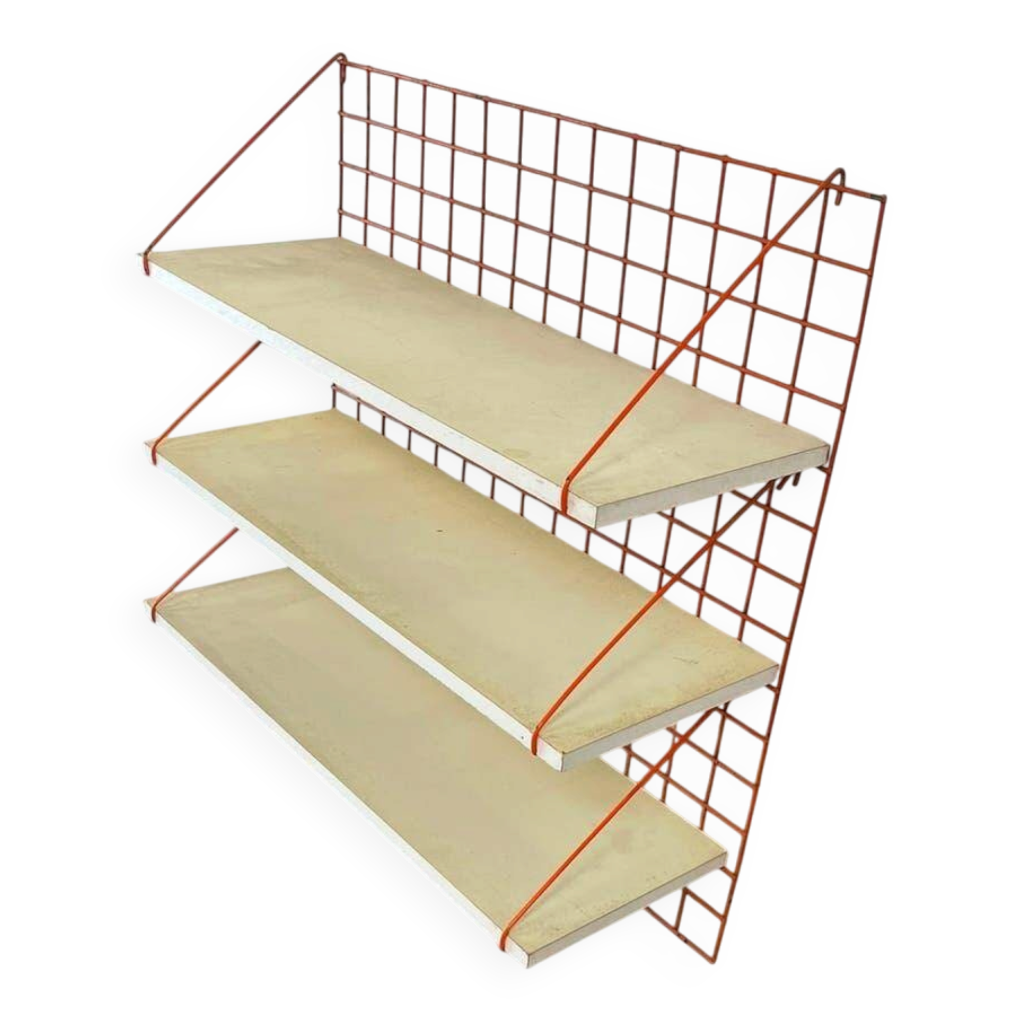 Vintage orange-red multi-level wall shelf with grid