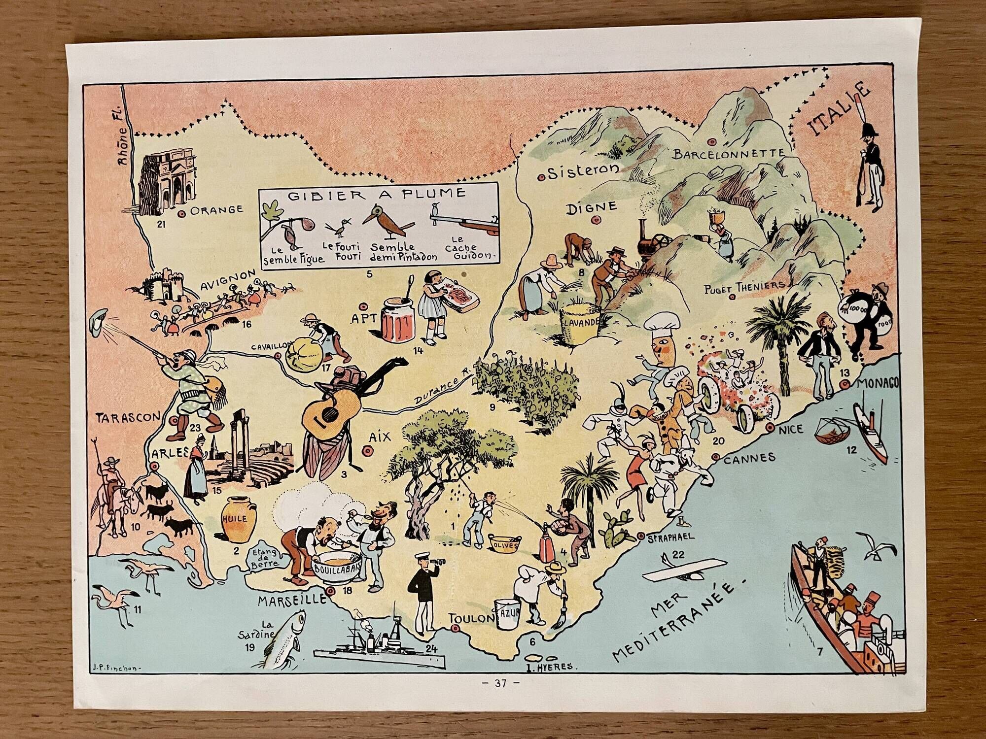 Affiche vintage carte illustrée de la Provence 1939 - JP Pinchon