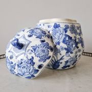 Large vintage Chinese handcrafted glazed ceramic pot with blue flower pattern