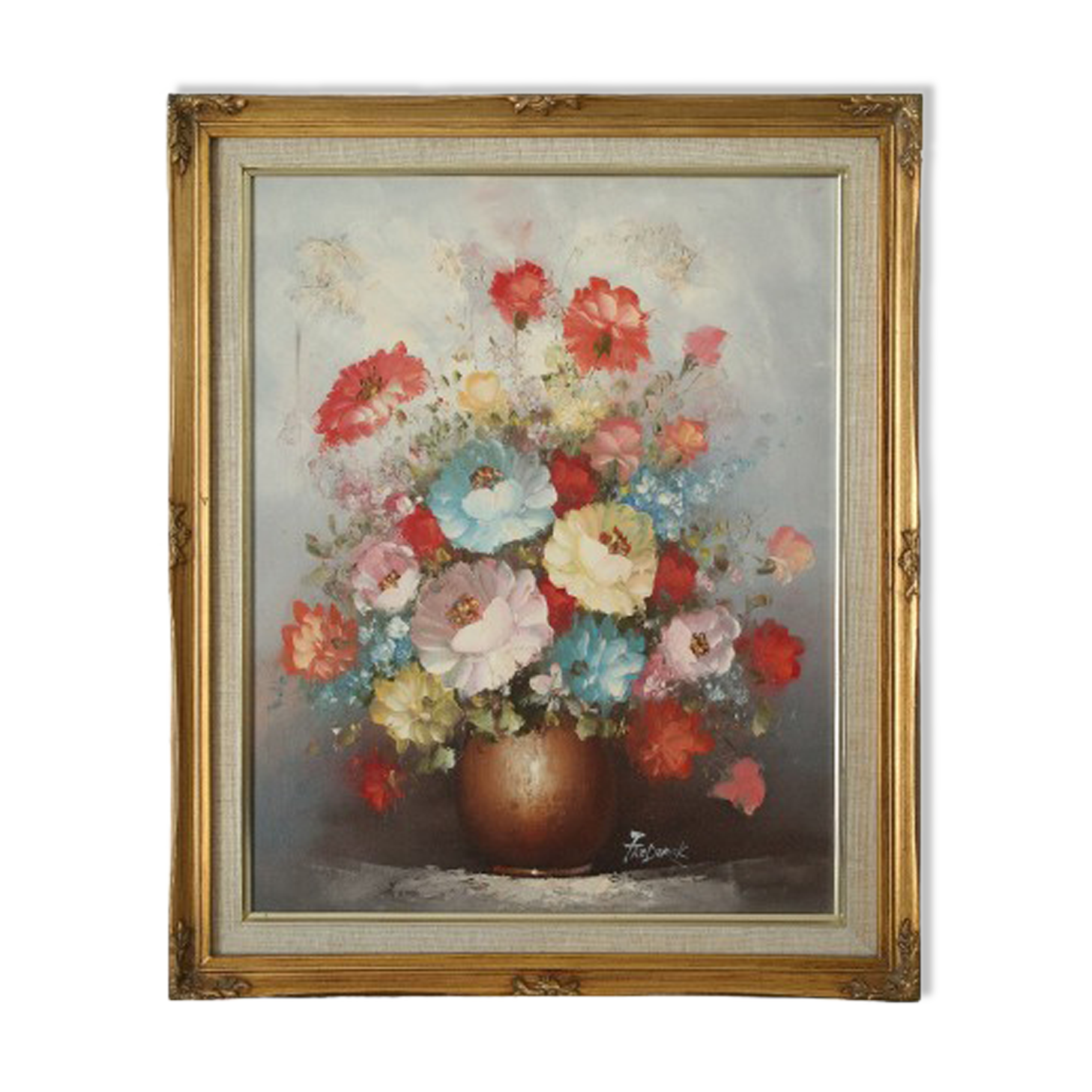 Tableau of a bouquet of flowers in pastel tones signed by Frederick.