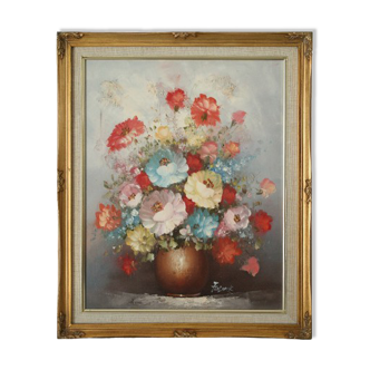 Tableau bouquet de fleurs tons pastels signé Frederick