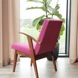 Vintage armchair in natural wool, magenta and red, 1970s