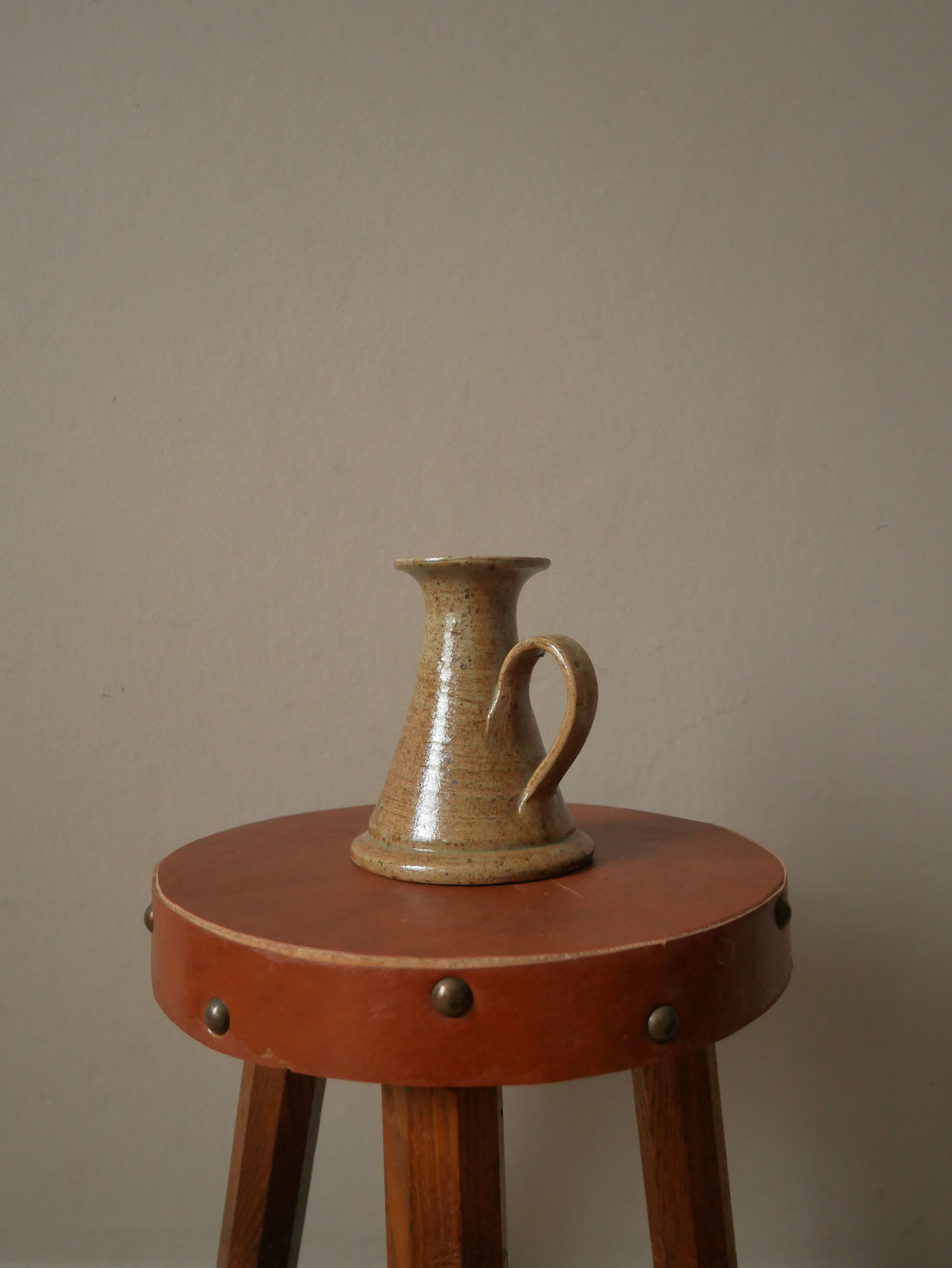 Vintage handheld stoneware candle holder, Scandinavian decorative object