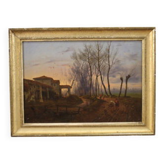 Tableau français ancien paysage de campagne du 19ème siècle