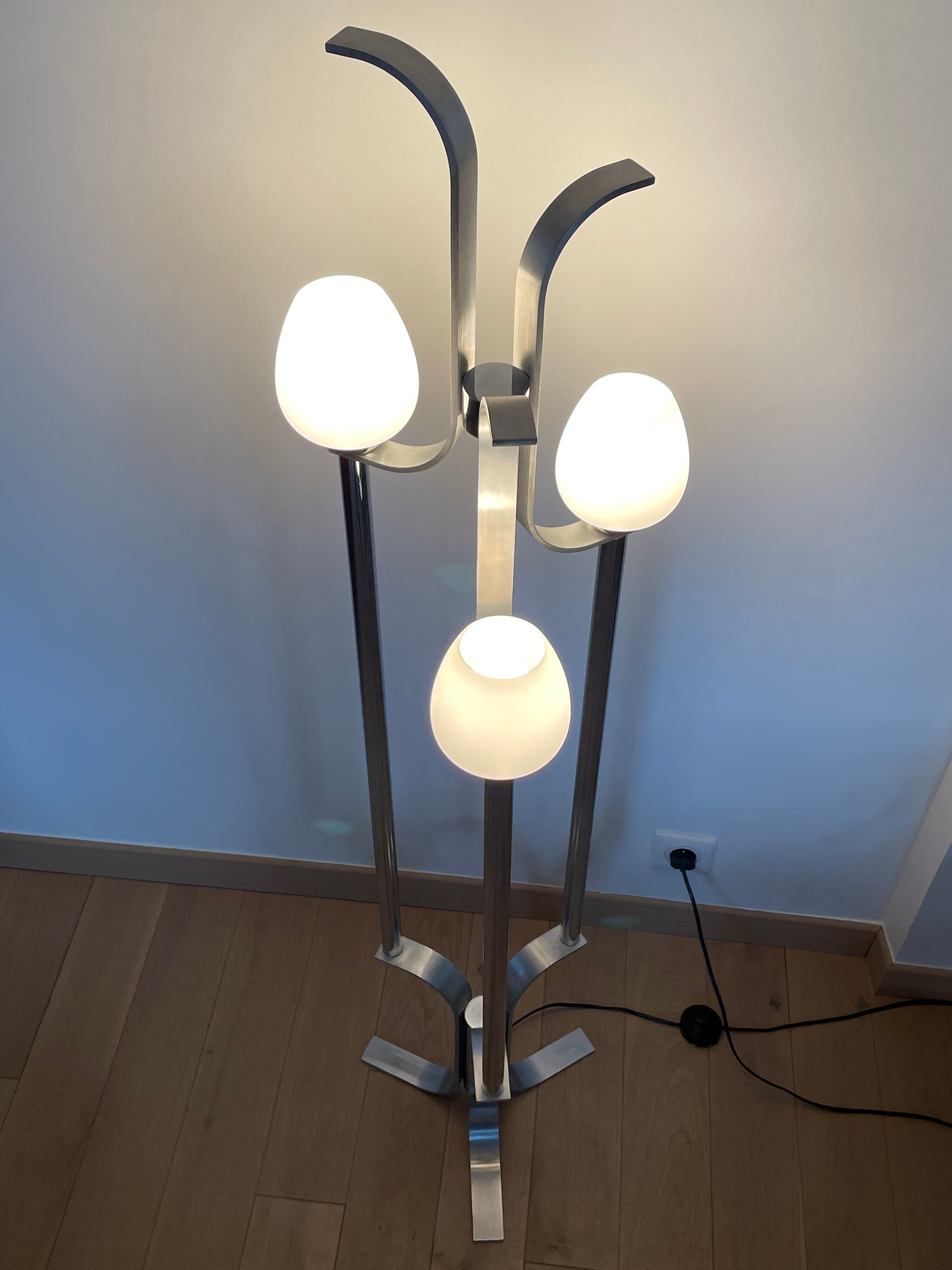 Space age lamp in brushed steel and opalin glass, 1970