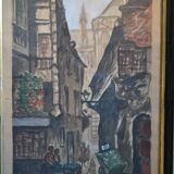 Peinture ancienne gouache rue brise miche le marais paris