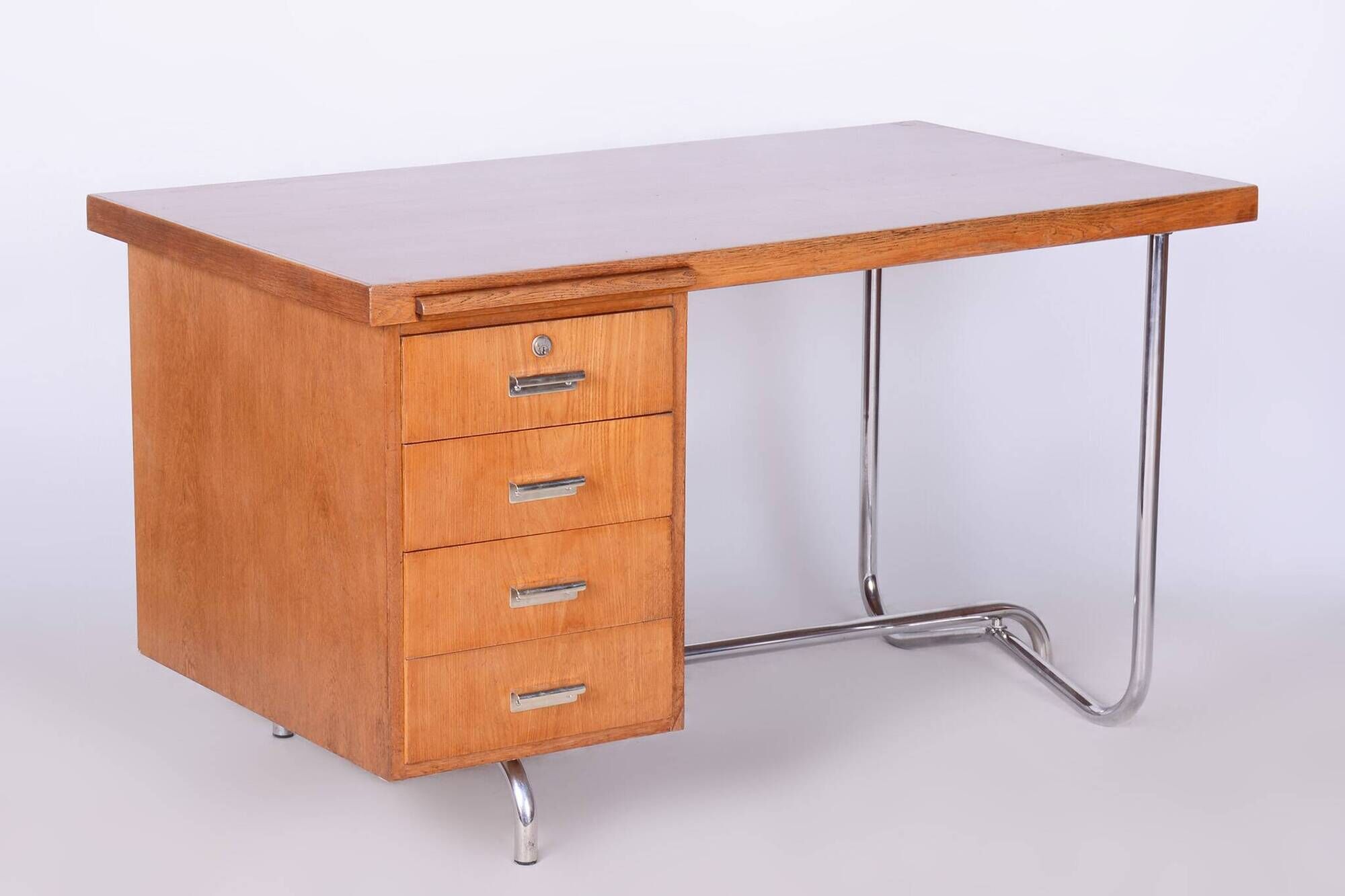 Restored Bauhaus Oak Writing Desk, Hynek Gottwald, Chrome, Czechia, 1930s