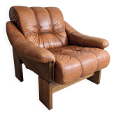 Fauteuil Brutaliste en Bois et Cuir Années 1970