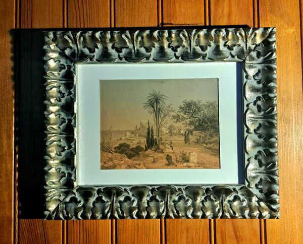 Tableau orientaliste XIXème siècle - paysage d’Algérie - dessin monogrammé