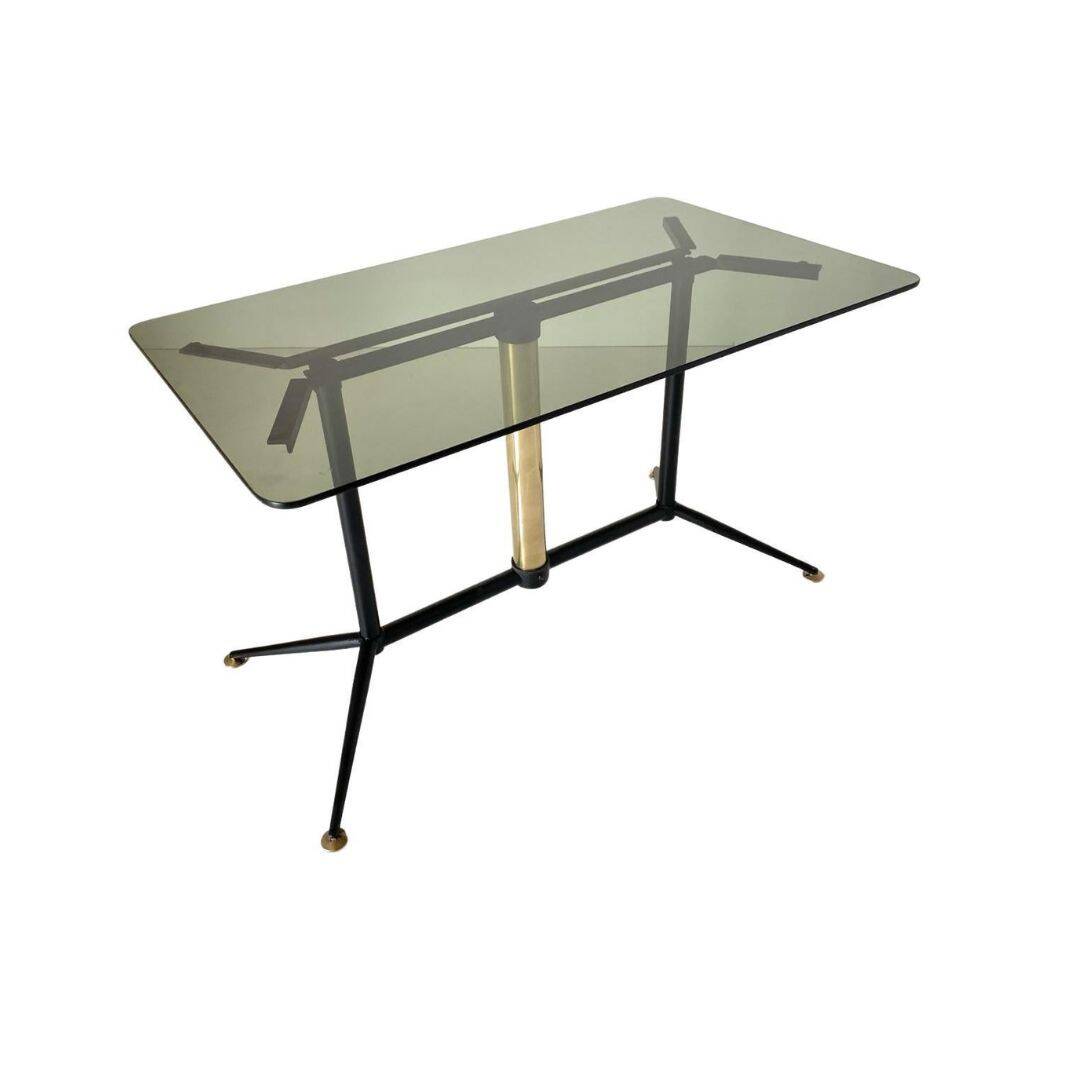 Vintage coffee table with smoked glass top and iron and brass base, Italy 1960s