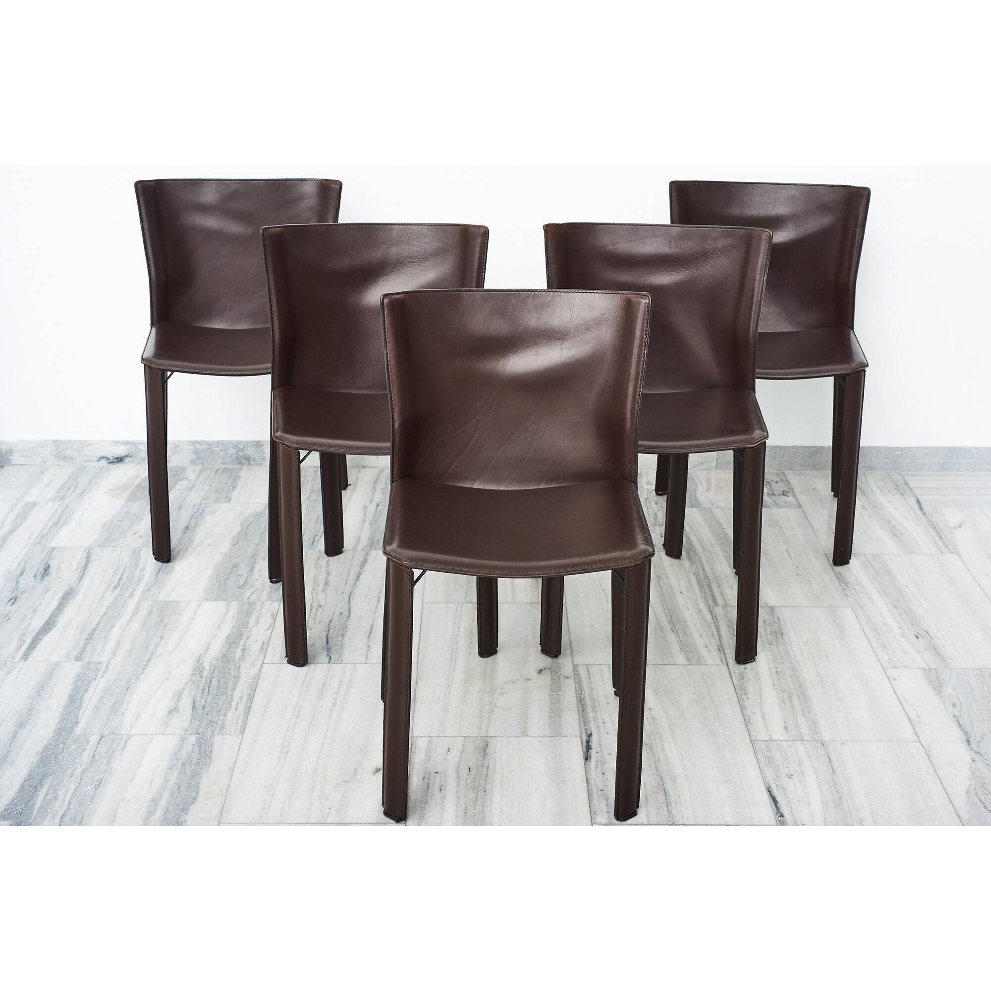 Set of 5 dark brown leather dining chairs