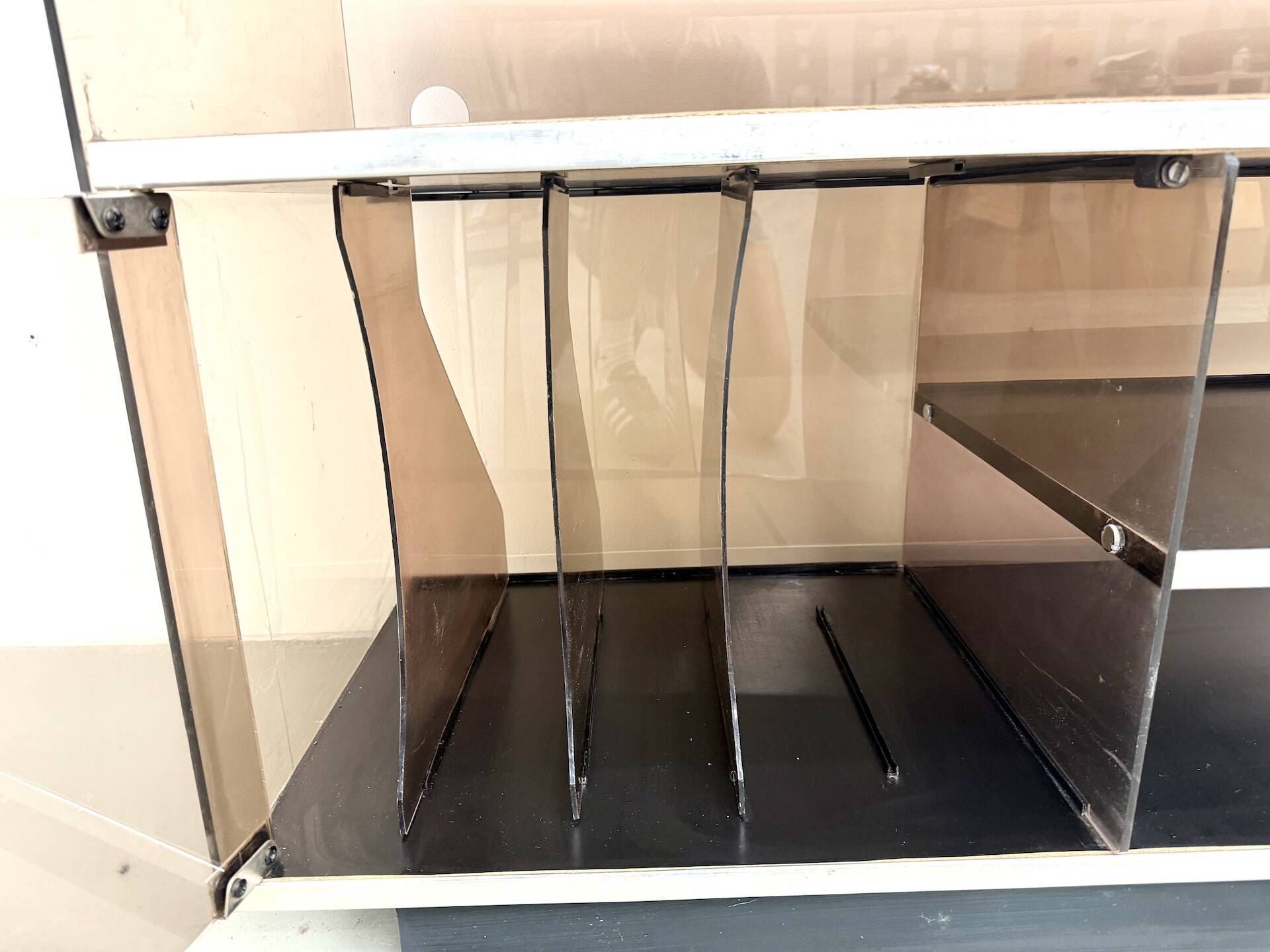 Hi-Fi furniture in smoked plexiglass and aluminium, Eric Maville
