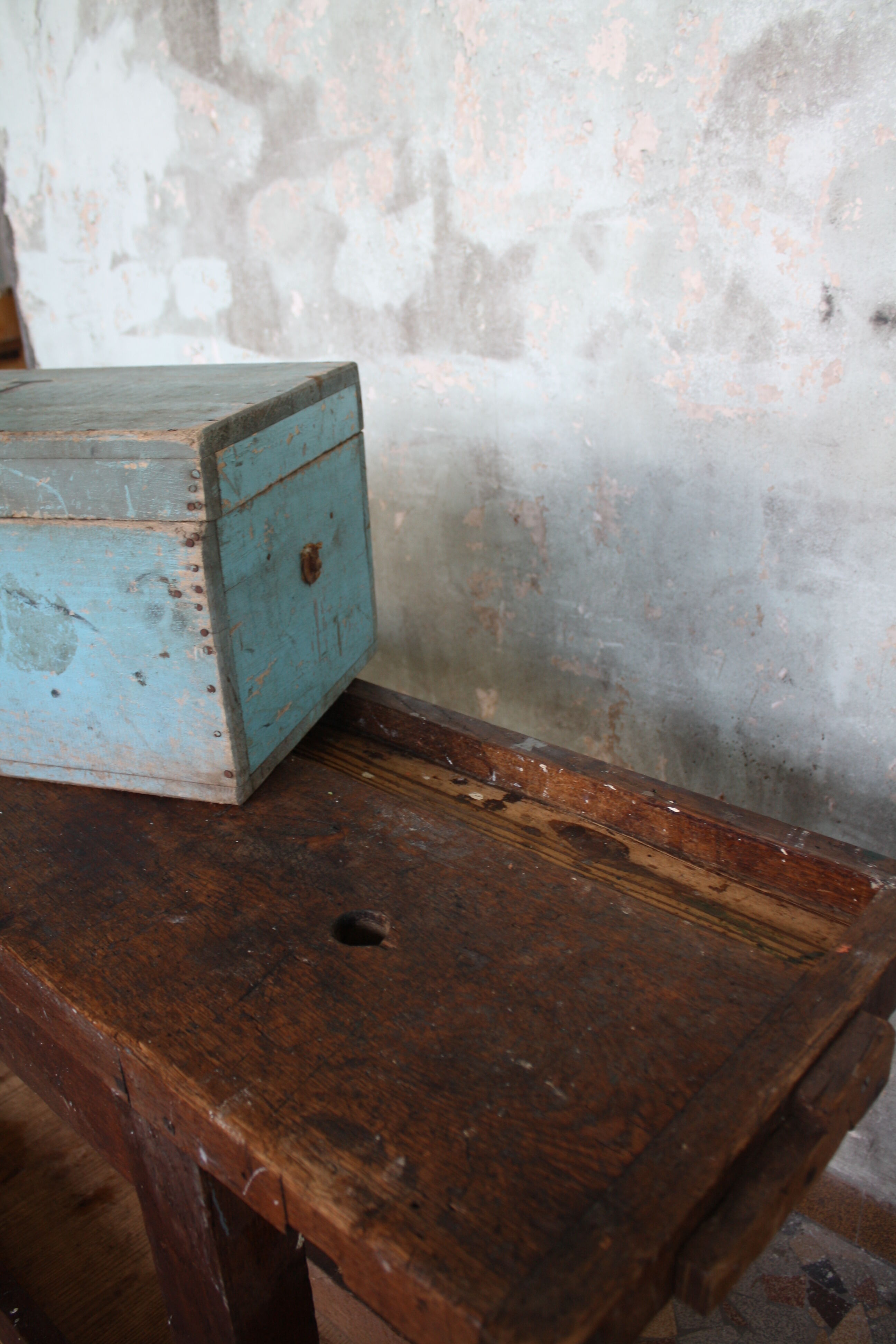 Blue vintage tool box wooden