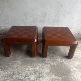 Pair of 1970s Checkered Parquet Side Tables — Warm Walnut Brown Wood, Geometric