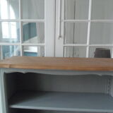 Louis XV style bookcase, green gray with 3 adjustable shelves, wooden tray.