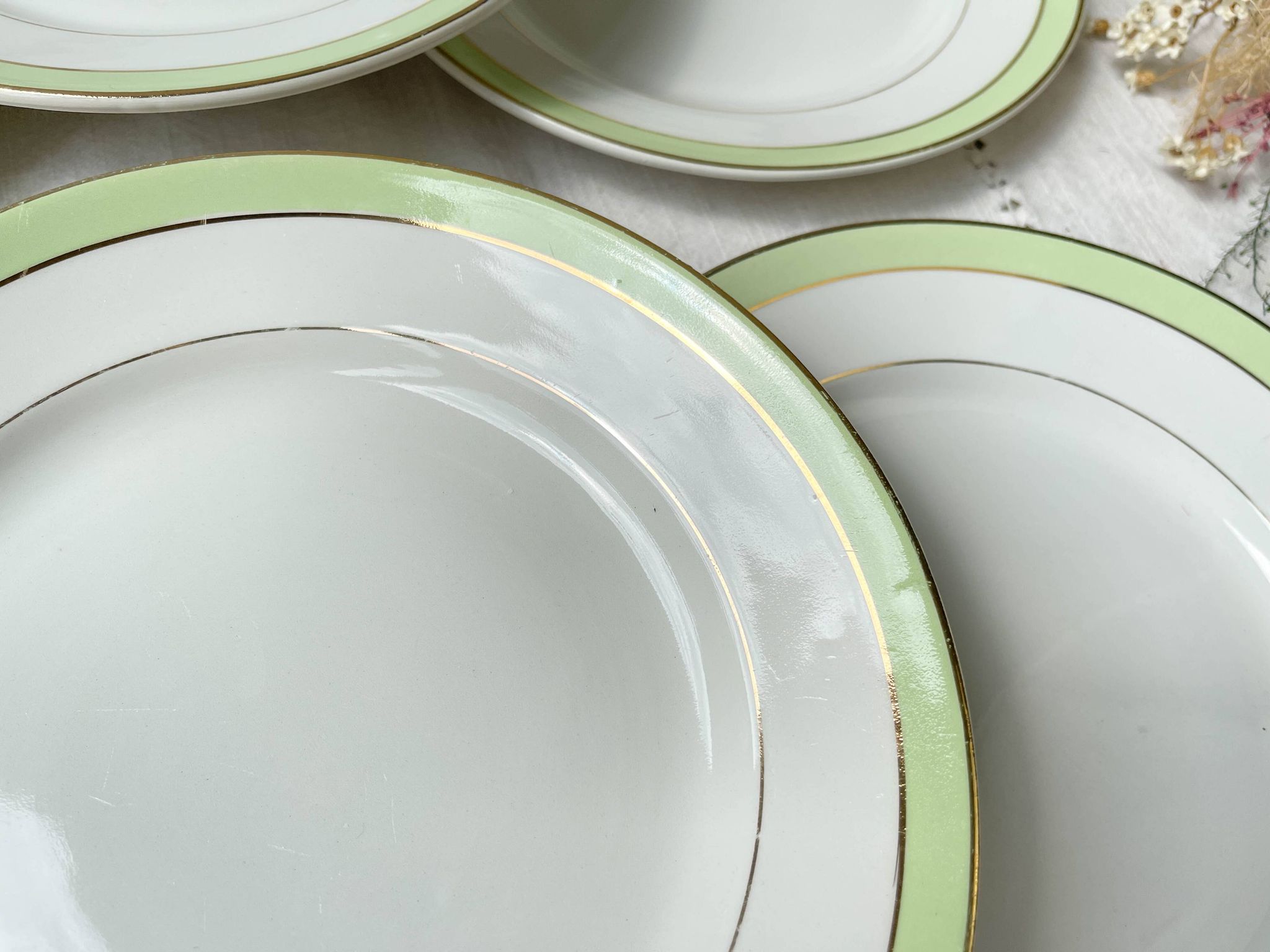 6 Vintage French Orchies "VILLARS" dinner plates 1950 white green gold